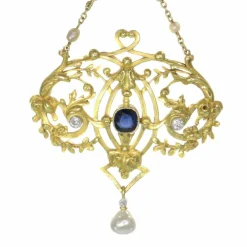 Pendentif, diamants, saphirs, perles