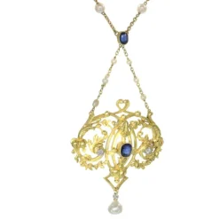 Pendentif, diamants, saphirs, perles