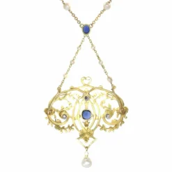 Pendentif, diamants, saphirs, perles