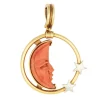 Pendentif en corail sculpté Homme dans la lune Croissant d'étoile Or 18 carats Bijoux célestes