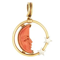 Pendentif en corail sculpté Homme dans la lune Croissant d'étoile Or 18 carats Bijoux célestes
