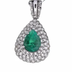 PENDENTIF EN OR BLANC 18 KT - ÉMERAUDE et DIAMANTS