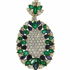 Pendentif en or jaune et blanc avec émeraudes, saphirs et diamants