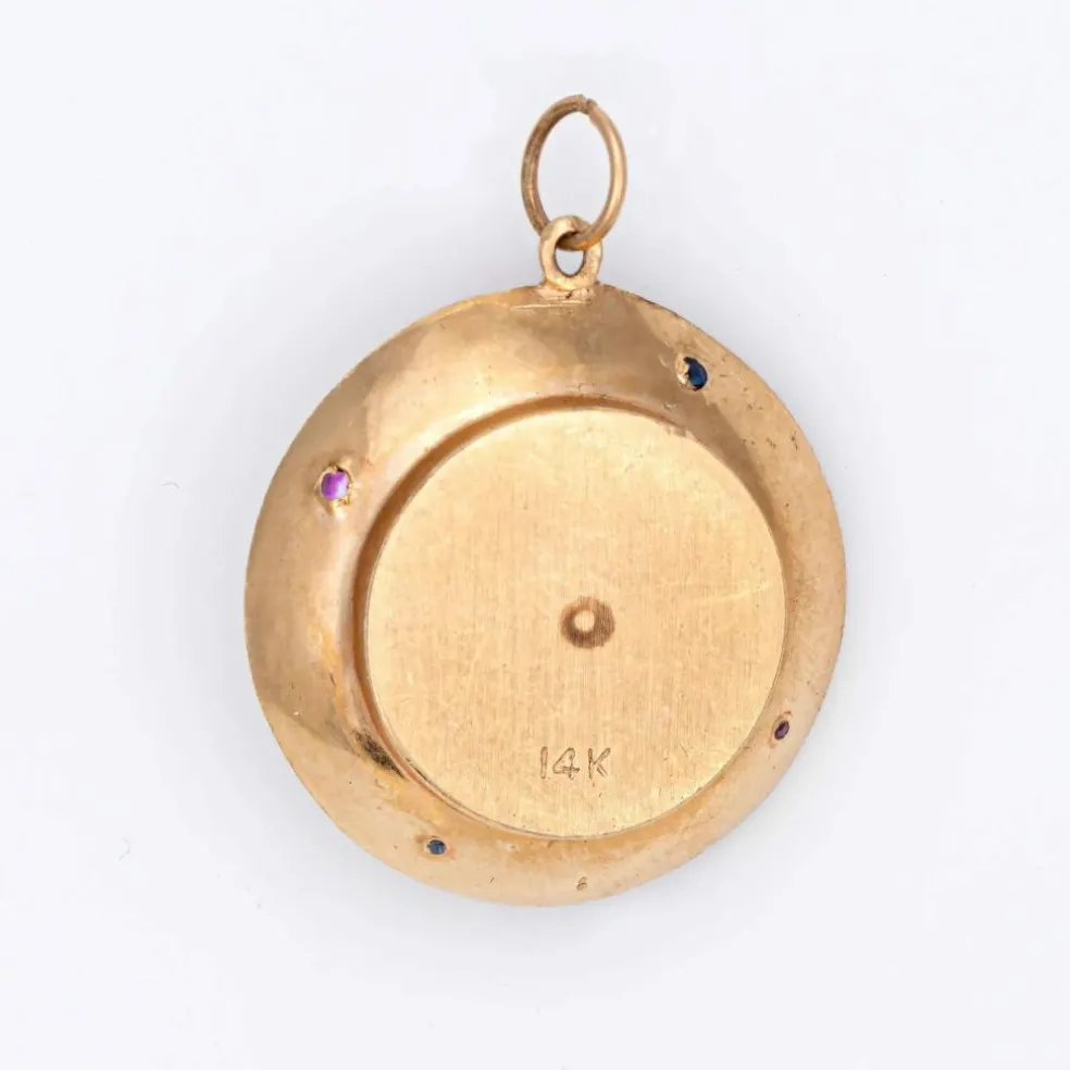 Pendentif en or vintage avec breloque de roue de roulette tournante
