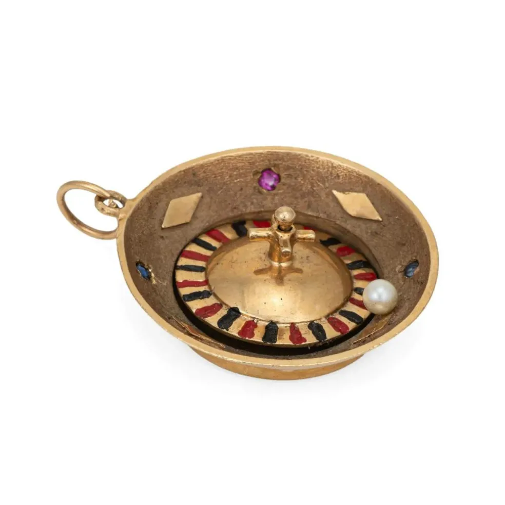 Pendentif en or vintage avec breloque de roue de roulette tournante