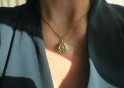 Pendentif fleur or jaune turquoise