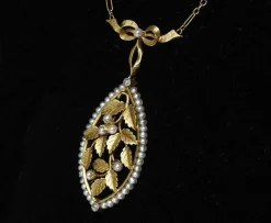 Pendentif floral Art Nouveau or et perles fines