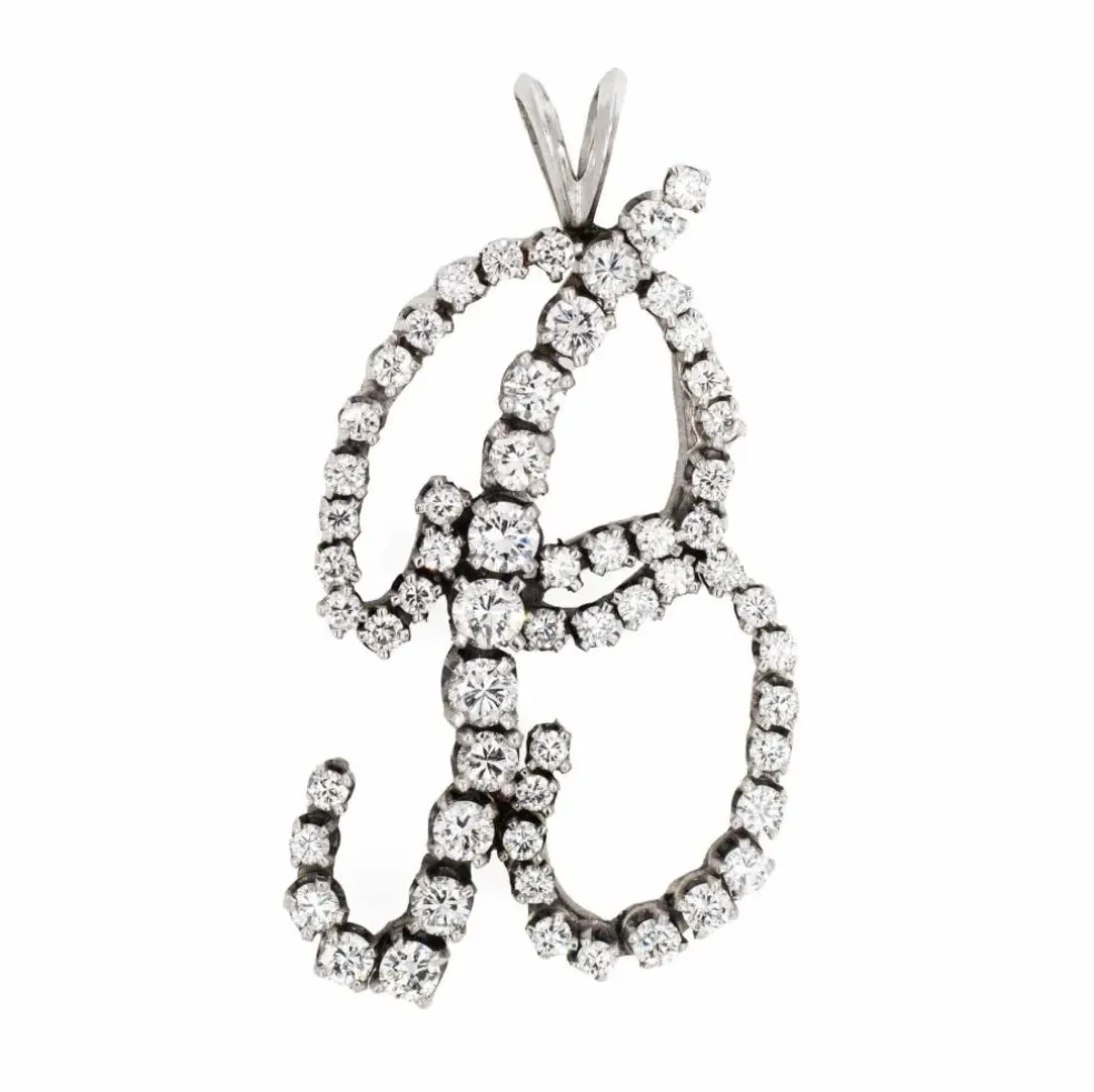Pendentif lettre B en diamant vintage en or blanc