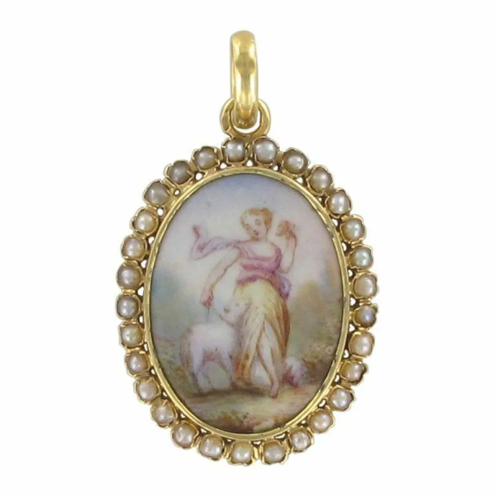 Pendentif médaillon ancien miniature sur porcelaine et perles fines