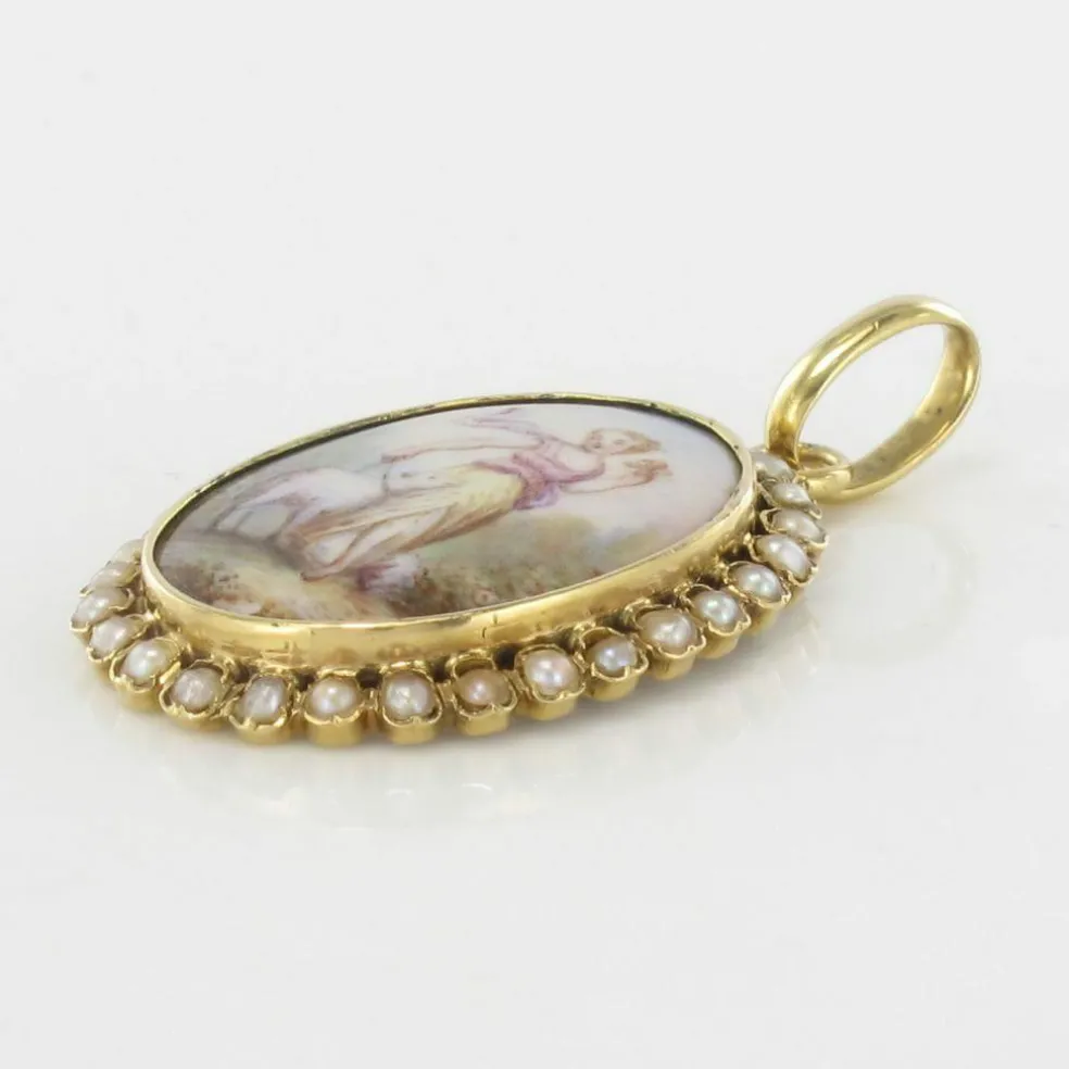Pendentif médaillon ancien miniature sur porcelaine et perles fines