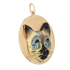 Pendentif médaillon chat siamois vintage des années 60 en or jaune 14 carats