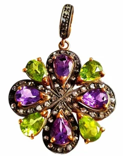 Pendentif or et argent avec améthystes, péridots et diamants