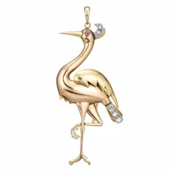 Pendentif ou broche flamant rose en or jaune et diamant