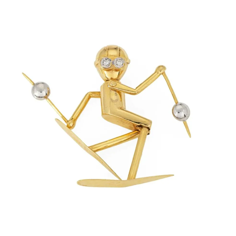 Pendentif Skieur vintage en or yeux articulés en diamant