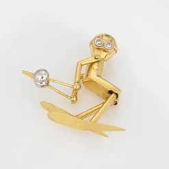 Pendentif Skieur vintage en or yeux articulés en diamant