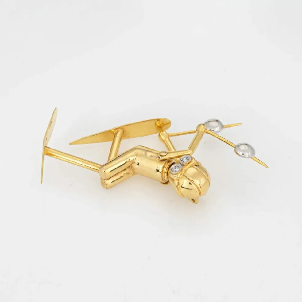 Pendentif Skieur vintage en or yeux articulés en diamant