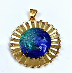 Pendentif Soleil émail bleu, Limoges H.MARTY