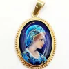 Pendentif style Art Nouveau or jaune, plaque émaillée jeune fille, vintage