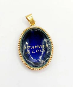 Pendentif style Art Nouveau or jaune, plaque émaillée jeune fille, vintage