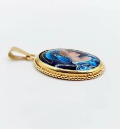 Pendentif style Art Nouveau or jaune, plaque émaillée jeune fille, vintage