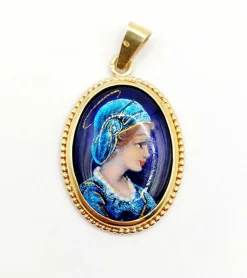 Pendentif style Art Nouveau or jaune, plaque émaillée jeune fille, vintage