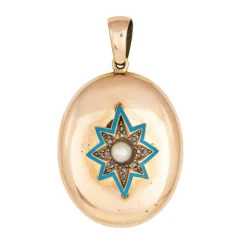 Pendentif étoile du Nord victorien antique en émail bleu et diamant en or rose 14 carats