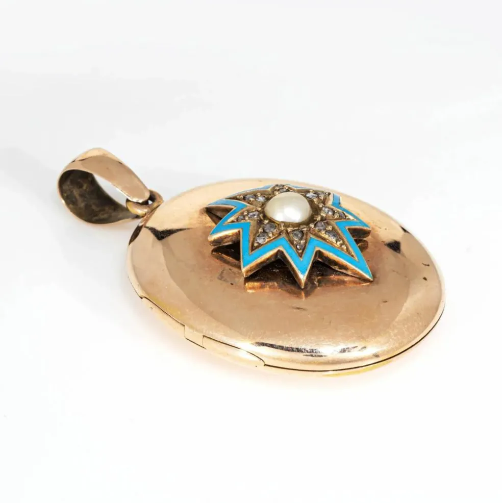 Pendentif étoile du Nord victorien antique en émail bleu et diamant en or rose 14 carats