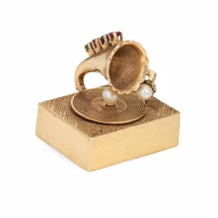 Pendentif tourne-disque mécanique vintage en or 14 carats avec pierre précieuse