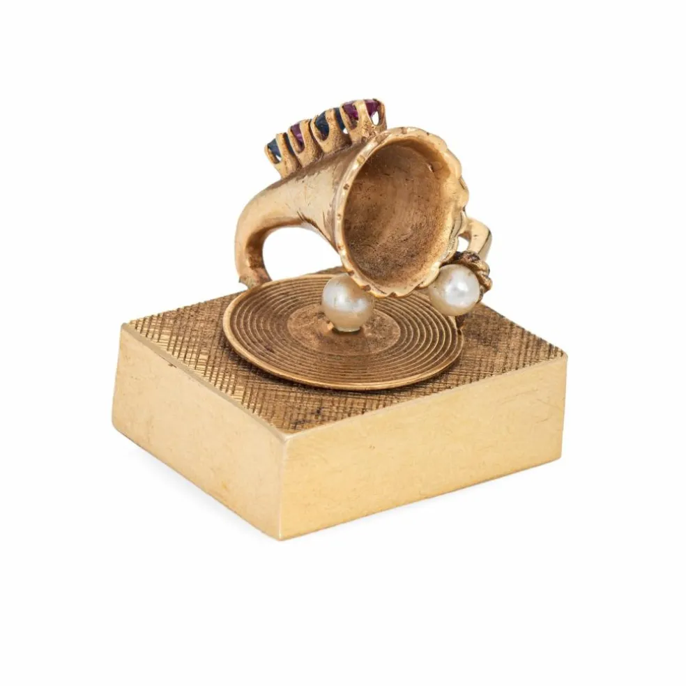 Pendentif tourne-disque mécanique vintage en or 14 carats avec pierre précieuse