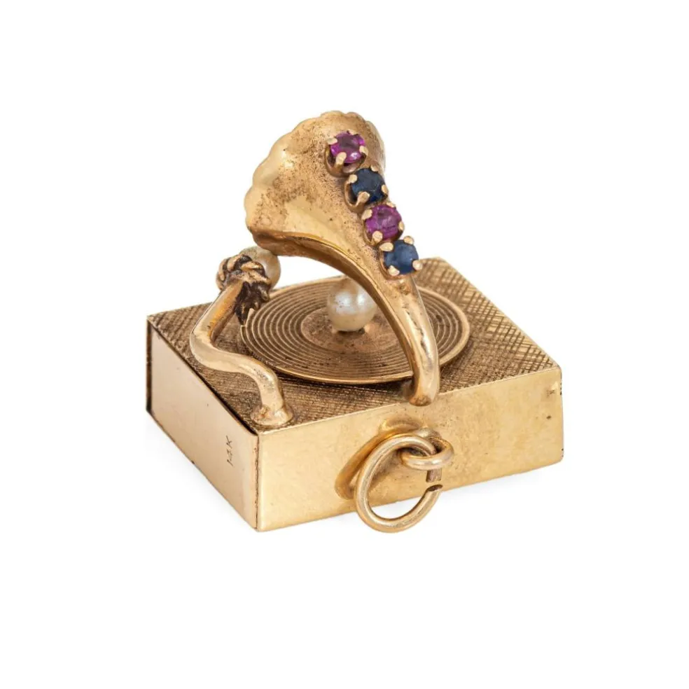 Pendentif tourne-disque mécanique vintage en or 14 carats avec pierre précieuse