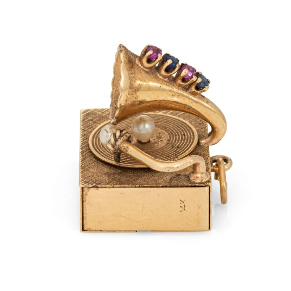Pendentif tourne-disque mécanique vintage en or 14 carats avec pierre précieuse