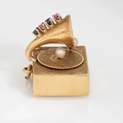 Pendentif tourne-disque mécanique vintage en or 14 carats avec pierre précieuse