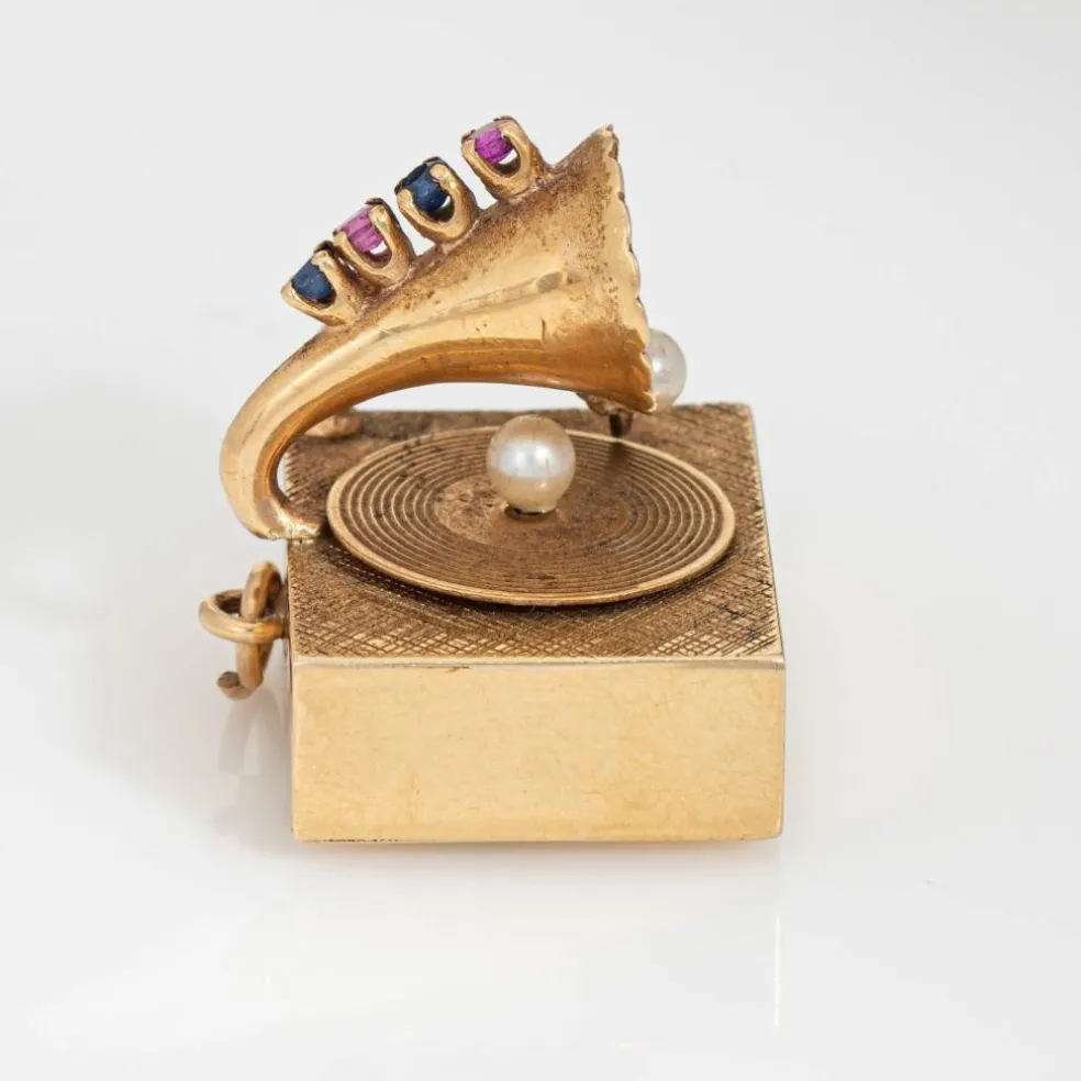 Pendentif tourne-disque mécanique vintage en or 14 carats avec pierre précieuse