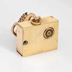 Pendentif tourne-disque mécanique vintage en or 14 carats avec pierre précieuse