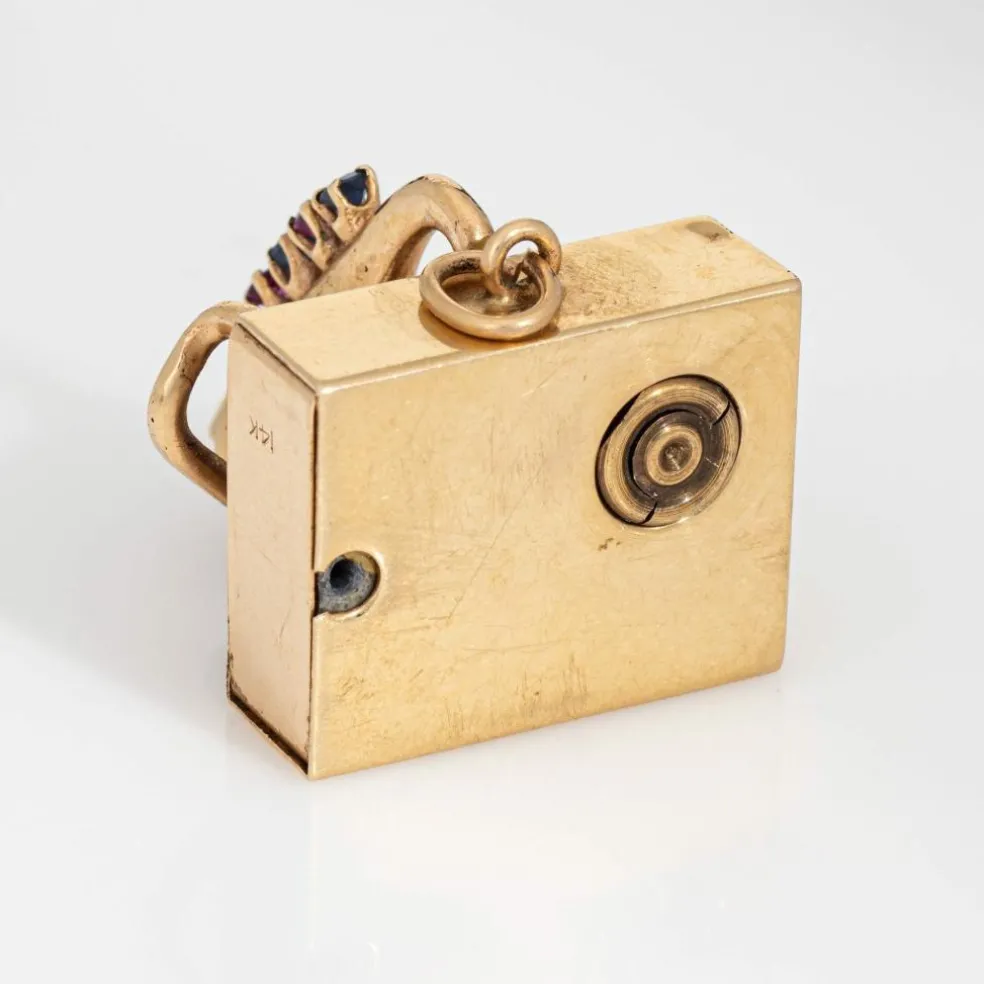 Pendentif tourne-disque mécanique vintage en or 14 carats avec pierre précieuse