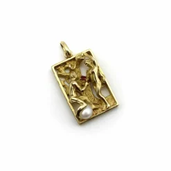 Pendentif vintage Adam et Ève en or 14 carats avec rubis et perle