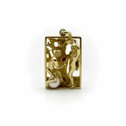Pendentif vintage Adam et Ève en or 14 carats avec rubis et perle