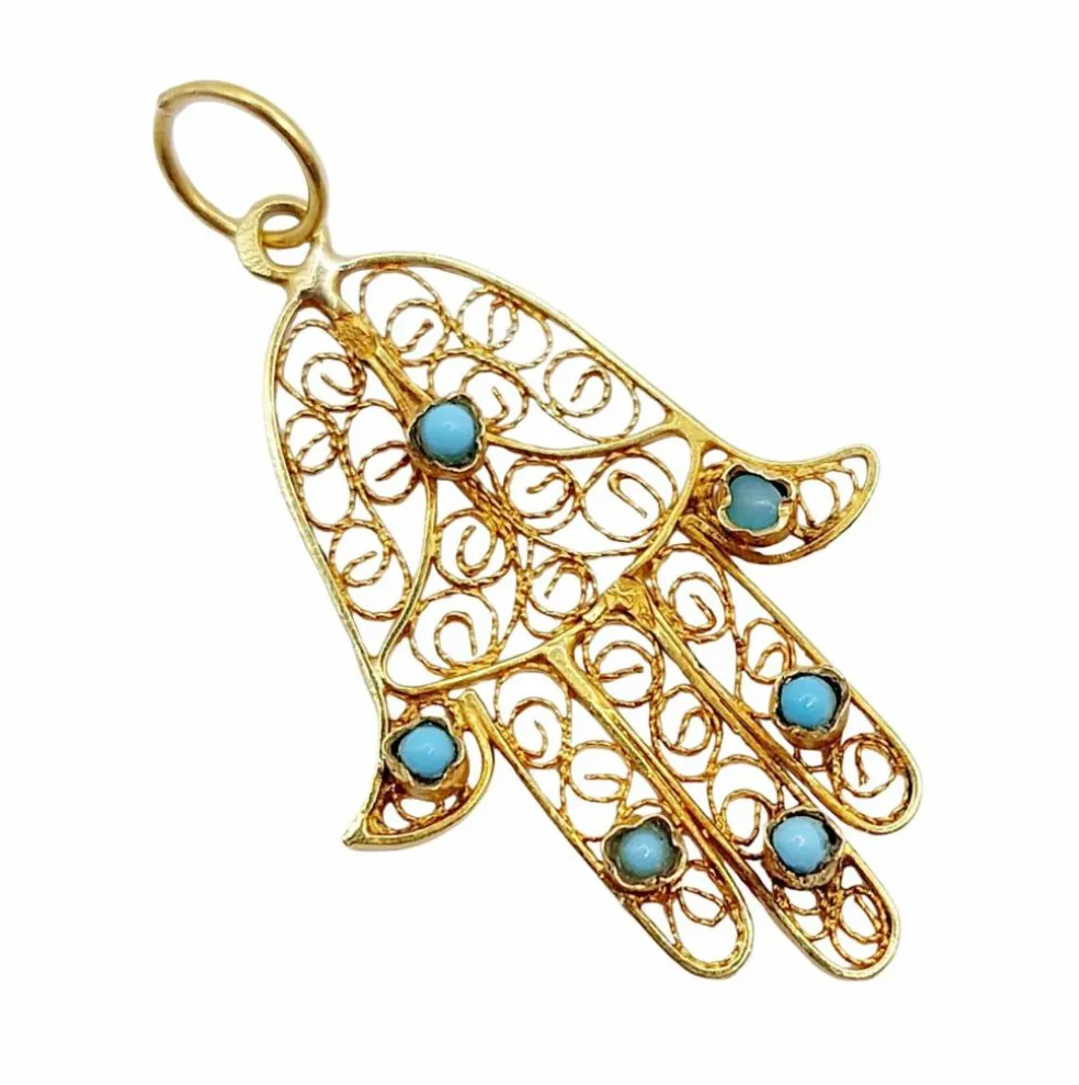 Pendentif vintage or jaune Main de fatma orné de turquoises (circa 1950)
