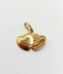 Pendentif vintage or 18k formant deux cœurs accolés reliés par une chaine