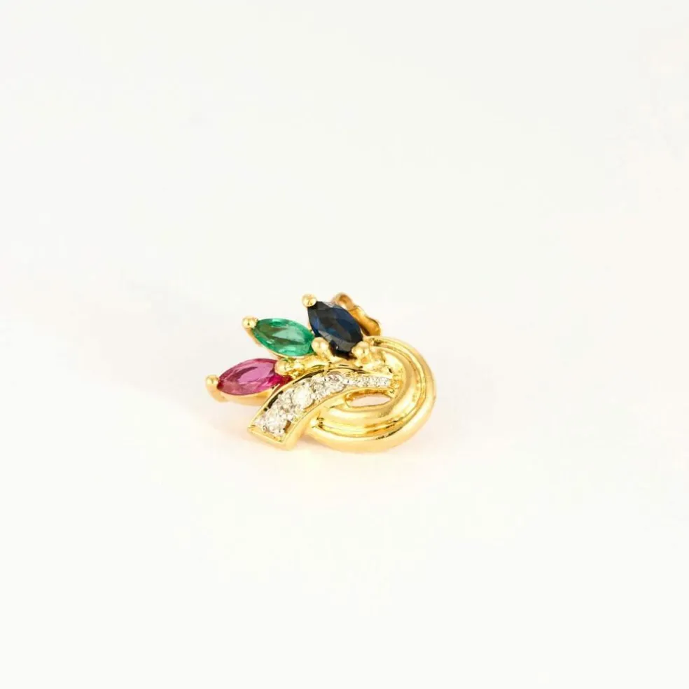Puces d'oreilles or jaune, rubis, saphir, émeraude et diamants