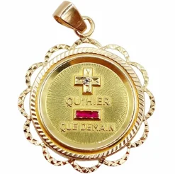 RARE Pendentif AUGIS médaille d'amour 26 mm or rose 18k orné de rubis : "+ qu'hier - que demain" (circa 1970)