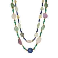 Sautoir Quartz Rose, Lapis Lazuli, Malachite, Aventurine, Calcédoine et Boules Vermeil