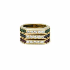 Triple bague Or jaune Diamants Emeraude Saphir Rubis