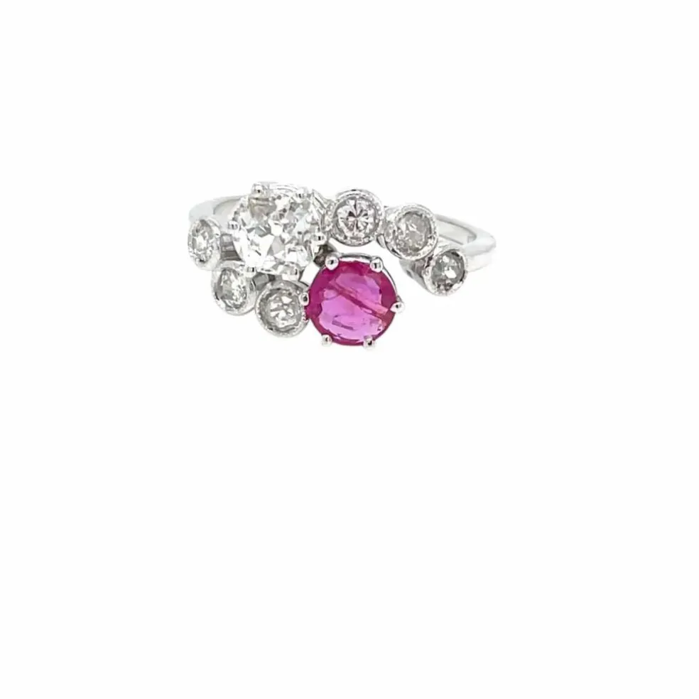 Victorian Certified Natural Unheated Ruby Diamond Vous et Moi Ring