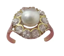 Vintage 14 karat Gold Cluster Ring, Pearl and old European cut Diamonds