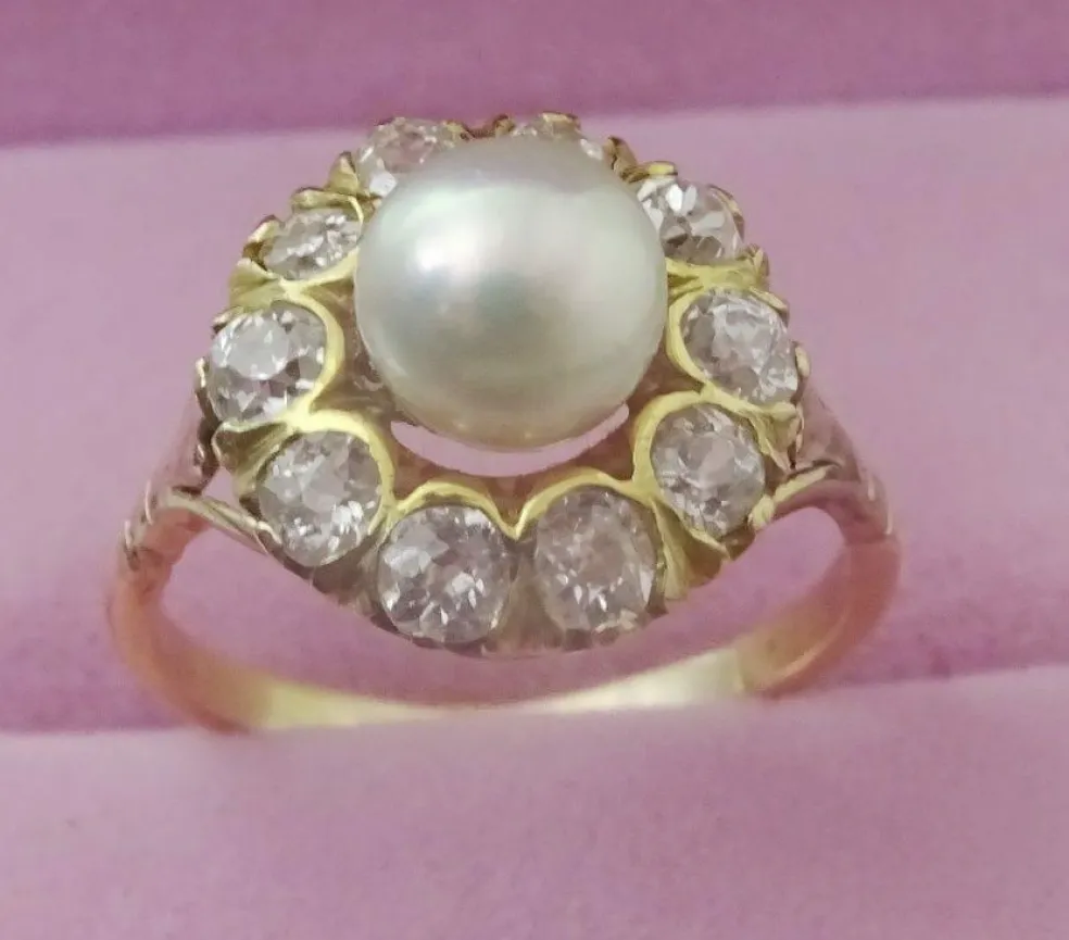 Vintage 14 karat Gold Cluster Ring, Pearl and old European cut Diamonds