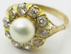 Vintage 14 karat Gold Cluster Ring, Pearl and old European cut Diamonds