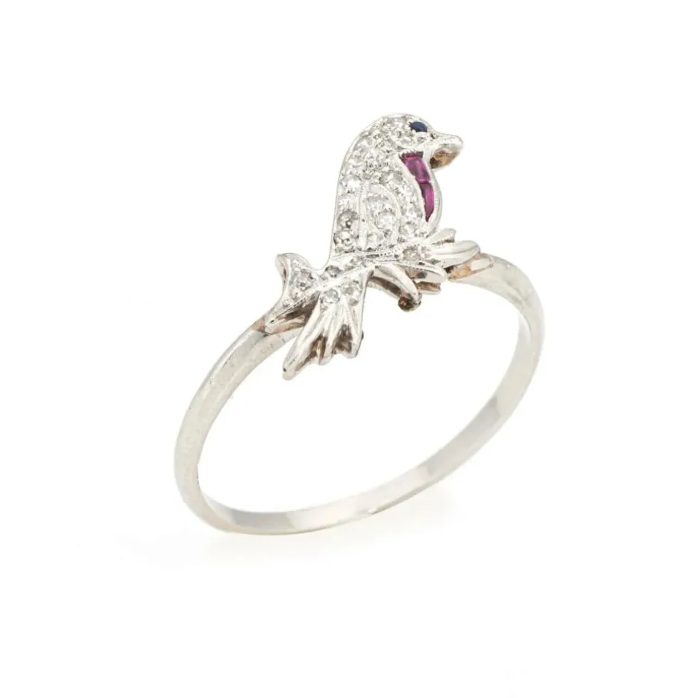 vintage Art Déco Bird Ring Conversion Platine Diamant Saphir Rubis