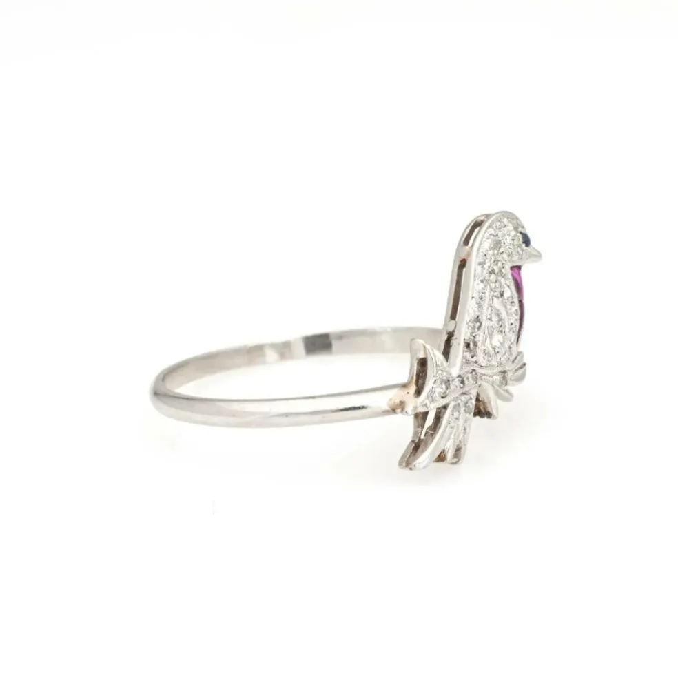 vintage Art Déco Bird Ring Conversion Platine Diamant Saphir Rubis