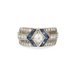 Vintage Art Déco Diamant Saphir Bague Or Platine